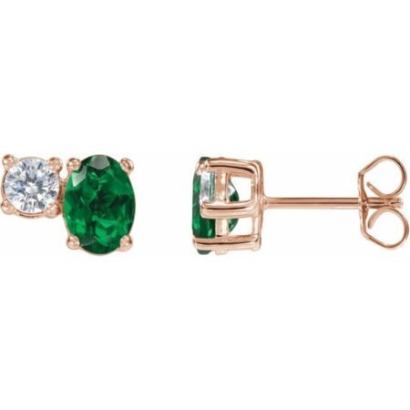 14k Rose Lab-grown Emerald & 1/2 Ctw Lab-grown Diamond Earrings