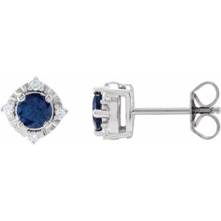 14k White Lab-grown Blue Sapphire & .08 Ctw Natural Diamond Halo-style Earrings