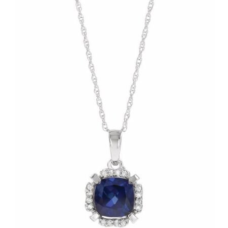 14k White Lab-grown Blue Sapphire & .04 Ctw Natural Diamond 18' Necklace