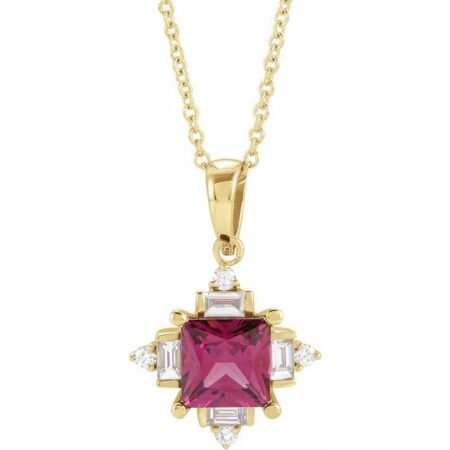 14k Yellow Natural Rhodolite Garnet & 1/5 Ctw Natural Diamond Geometric 16-18' Necklace