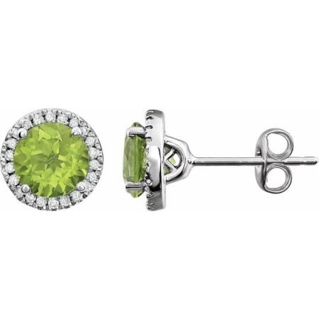 14k White Natural Peridot & 1/8 Ctw Natural Diamond Earrings