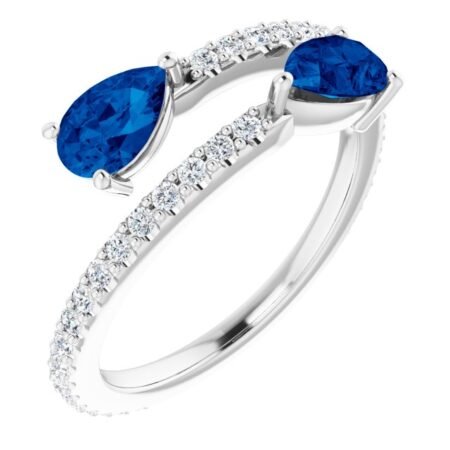 14k White Lab-grown Blue Sapphire & 1/3 Ctw Natural Diamond Ring