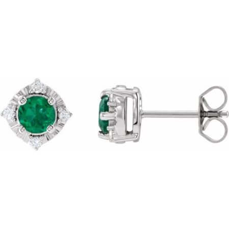 Sterling Silver Lab-grown Emerald & .08 Ctw Natural Diamond Halo-style Earrings
