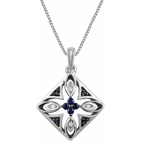 Sterling Silver Natural Blue Sapphire & .025 Ctw Natural Diamond 18' Necklace