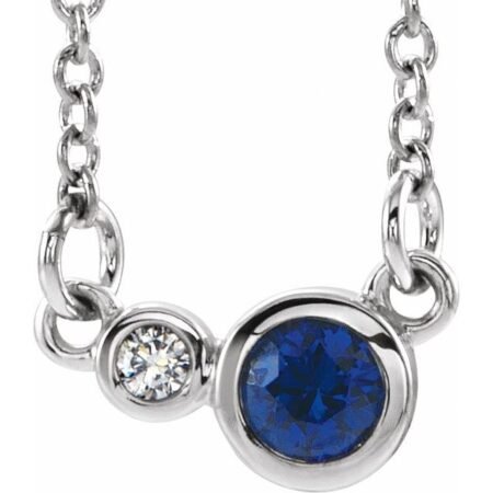 14k White Lab-grown Blue Sapphire & .03 Ctw Natural Diamond 18' Necklace