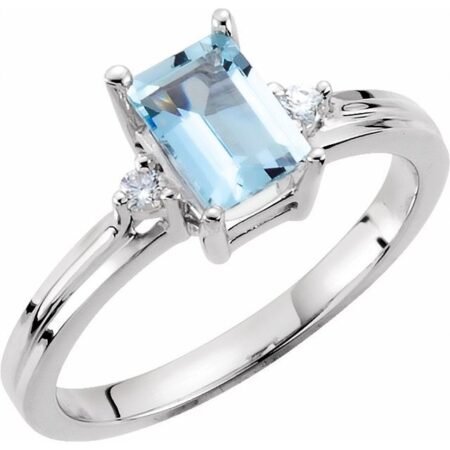14k White Natural Aquamarine & .06 Ctw Natural Diamond Ring