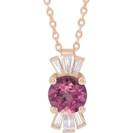14k Rose Natural Pink Tourmaline & 1/6 Ctw Natural Diamond 16-18' Necklace