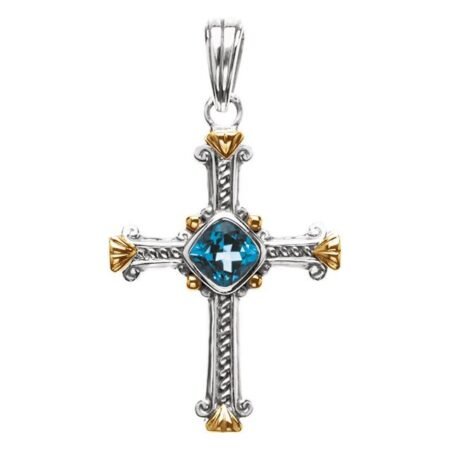 Sterling Silver & 14k Yellow Natural Swiss Blue Topaz Cross Pendant