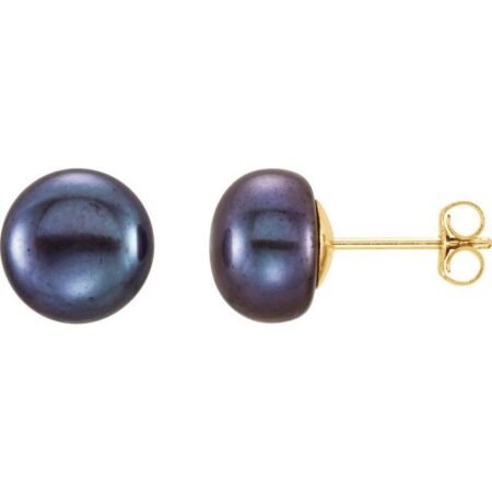 14k Yellow 8-9 Mm Cultured Black Freshwater Button Pearl Earrings