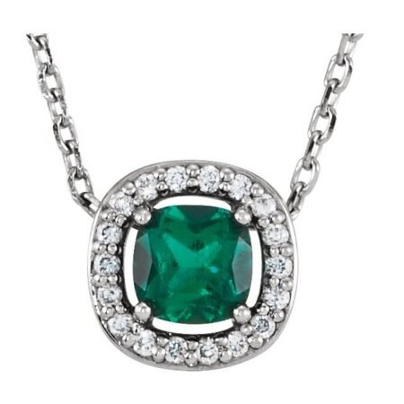 14k White Lab-grown Emerald & .05 Ctw Natural Diamond 16' Necklace