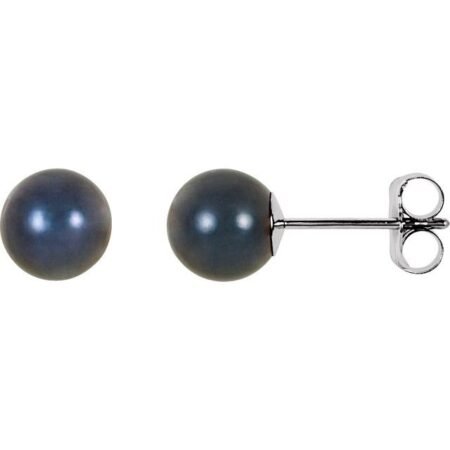 14k White  6 Mm Cultured Black Akoya Pearl Earrings