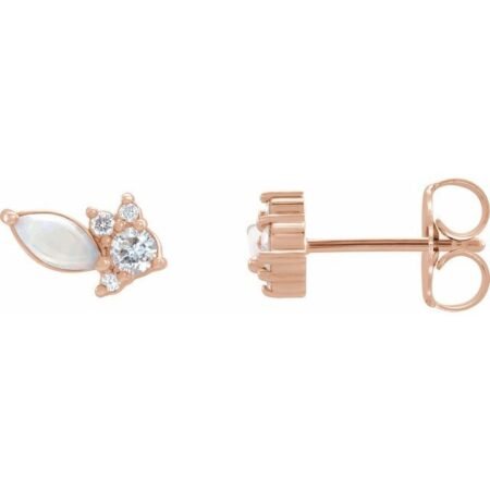 14k Rose Australian Natural White Opal & 1/6 Ctw Natural Diamond Cluster Earrings