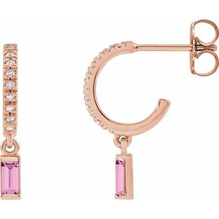 14k Rose Natural Pink Sapphire & .08 Ctw Natural Diamond French-set Hoop Earrings