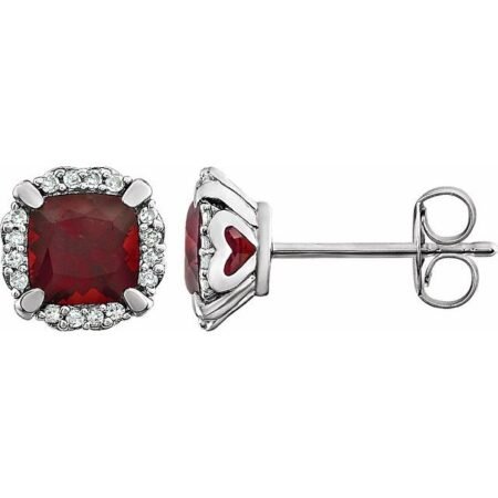 14k White Natural Mozambique Garnet & 1/10 Ctw Natural Diamond Earrings