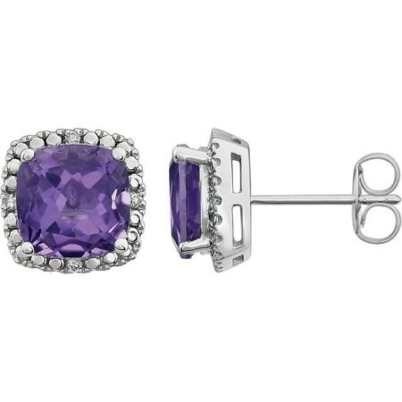 14k White Natural Amethyst & .06 Ctw Natural Diamond Earrings