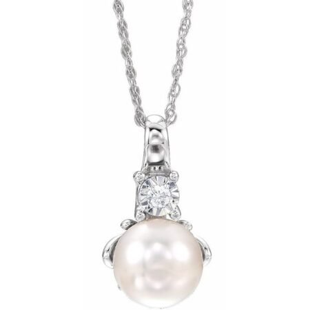 14k White Cultured White Freshwater Pearl & .02 Ct Natural Diamond 18' Necklace