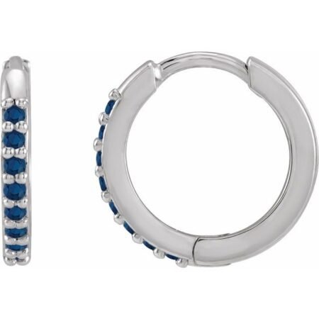 14k White Lab-grown Blue Sapphire Hinged 12.5 Mm Hoop Earrings