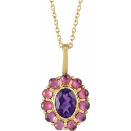14k Yellow Natural Amethyst & Natural Rhodolite Garnet Halo-style 16-18' Necklace