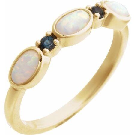 14k Yellow Lab-grown White Opal & Natural London Blue Topaz Stackable Ring