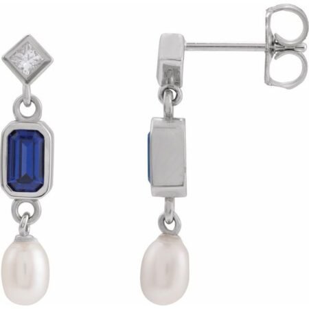 14k White Lab-grown Blue Sapphire, Cultured White Akoya Pearl & .05 Ctw Natural Diamond Earrings