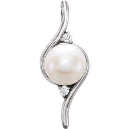 14k White Cultured White Freshwater Pearl & .03 Ctw Natural Diamond Pendant