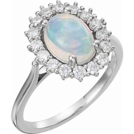 14k White Natural Ethiopian Opal & 1/5 Ctw Natural Diamond Ring
