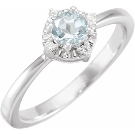 Sterling Silver Natural Aquamarine & .04 Ctw Natural Diamond Halo-style Ring