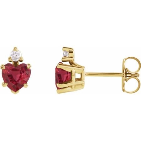 14k Yellow Lab-grown Ruby & .06 Ctw Natural Diamond Stud Earrings