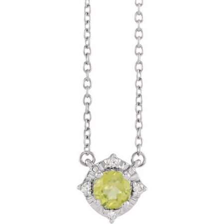Sterling Silver Natural Peridot & .04 Ctw Natural Diamond Halo-style 18' Necklace