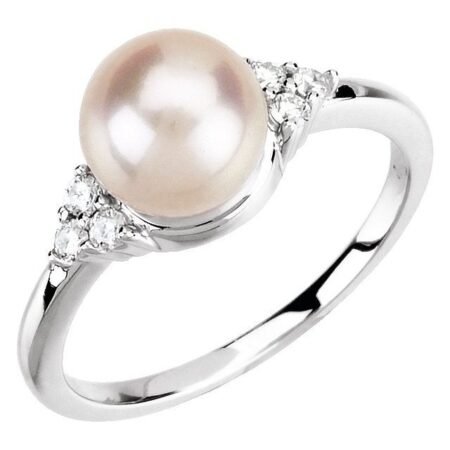 14k White 7.5-8 Mm Cultured Freshwater White Pearl & 1/10 Ctw Natural Diamond Ring