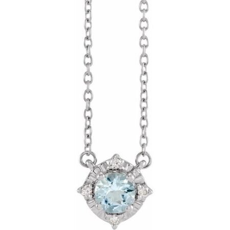 Sterling Silver Natural Aquamarine & .04 Ctw Natural Diamond Halo-style 18' Necklace
