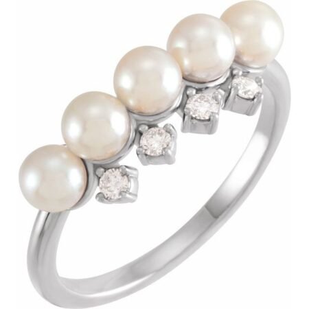 14k White Cultured White Akoya Pearl & 1/8 Ctw Natural Diamond Stackable Ring