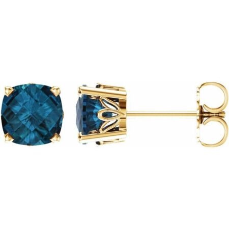 14k Yellow 6x6 Mm Cushion Natural London Blue Topaz Earrings
