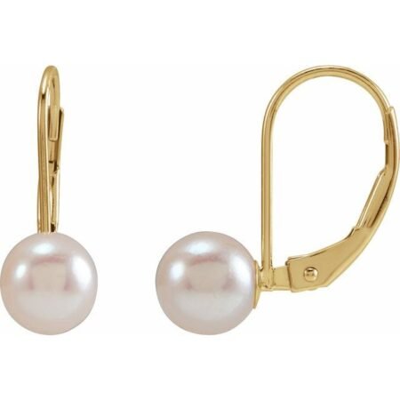 14k Yellow Cultured White Akoya Pearl Lever Back Earrings