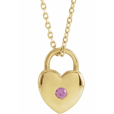 14k Yellow Natural Pink Sapphire Heart Lock 18' Necklace