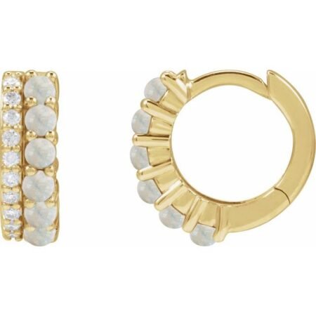 14k Yellow Natural White Opal & 1/8 Ctw Natural Diamond Huggie Hoop Earrings