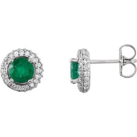 14k White Natural Emerald & 1/3 Ctw Natural Diamond Earrings