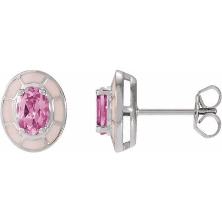 14k White Natural Pink Tourmaline & Pink Enamel Stud Earrings
