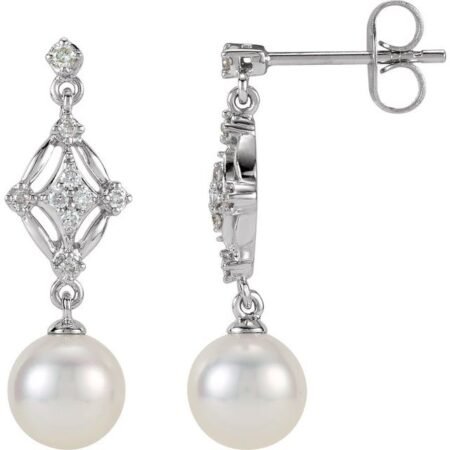 14k White Cultured White Freshwater Pearl & 1/6 Ctw Natural Diamond Earrings