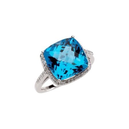 14k White Checkerboard Natural Swiss Blue Topaz & 1/4 Ctw Natural Diamond Ring