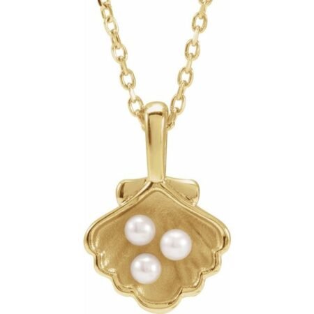 14k Yellow 3-stone Cultured White Seed Pearl Family Shell 16-18' Necklace