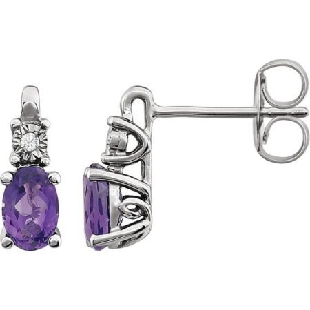 14k White Natural Amethyst & .02 Ctw Natural Diamond Earrings