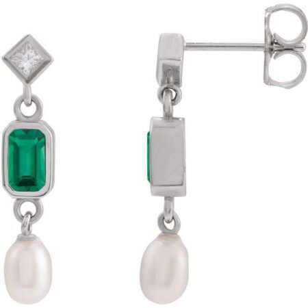 14k White Lab-grown Emerald, Cultured White Akoya Pearl & .05 Ctw Natural Diamond Earrings