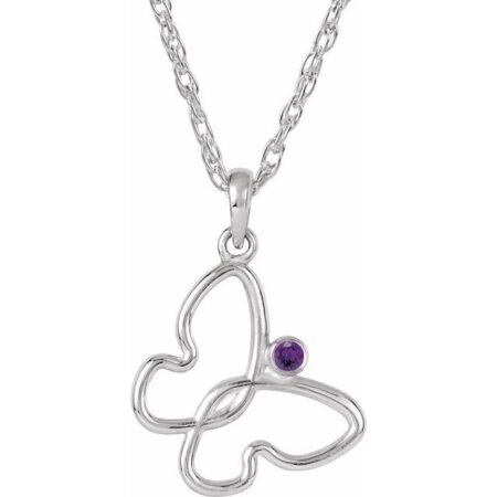 Sterling Silver 2 Mm Natural Amethyst Butterfly 18' Necklace