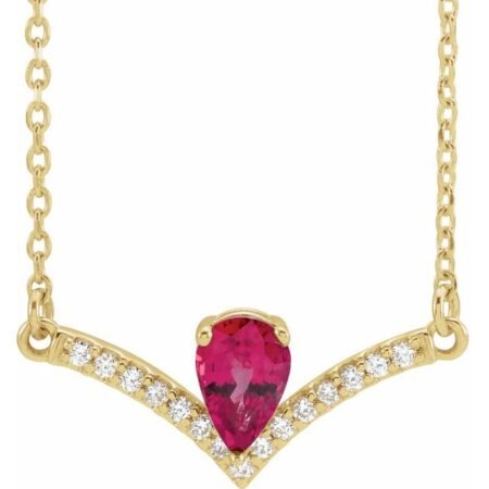 14k Yellow Lab-grown Ruby & .06 Ctw Natural Diamond 18' Necklace