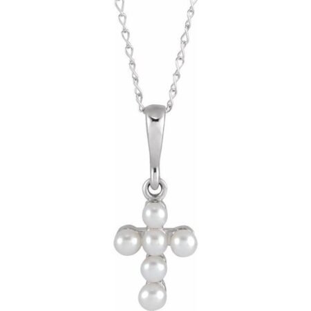 14k White Cultured White Seed Pearl Youth Cross 16' Necklace