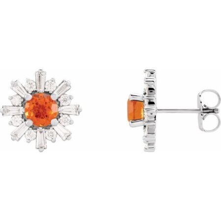 14k White Natural Mexican Fire Opal & 3/4 Ctw Natural Diamond Earrings