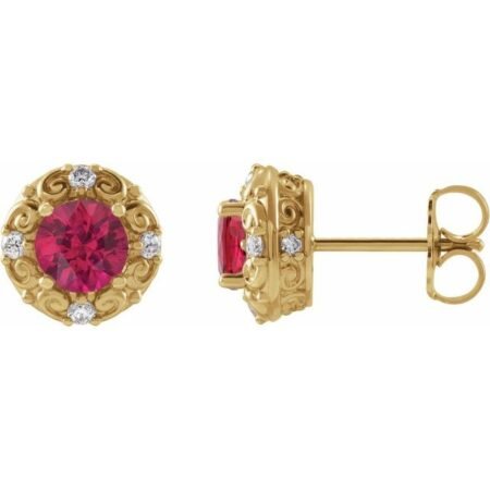 14k Yellow 5 Mm Natural Ruby & 1/6 Ctw Natural Diamond Halo-style Earrings