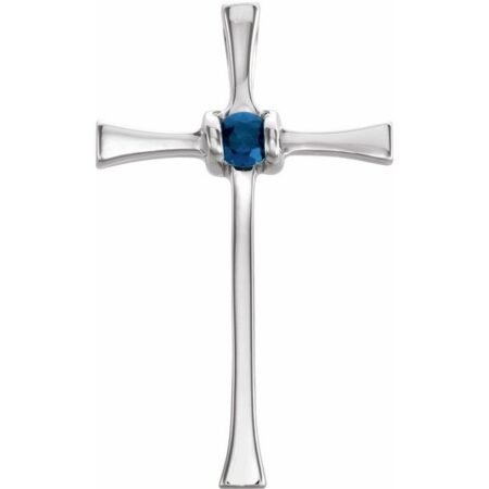 14k White Natural Blue Sapphire Cross Pendant