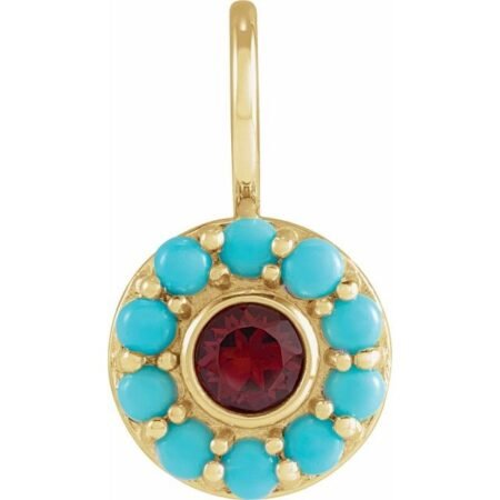 14k Yellow Natural Mozambique Garnet & Natural Turquoise Halo-style Charm/pendant